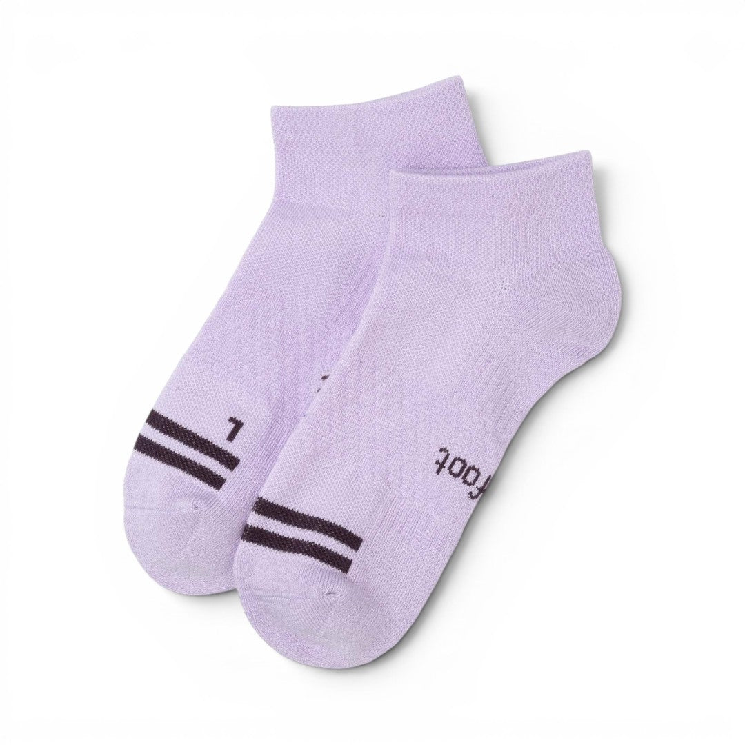 The Happy Shoe Shop Pussyfoot 3pk lavender bamboo sport cushion ankle socks with dark stripes on heel and toe.