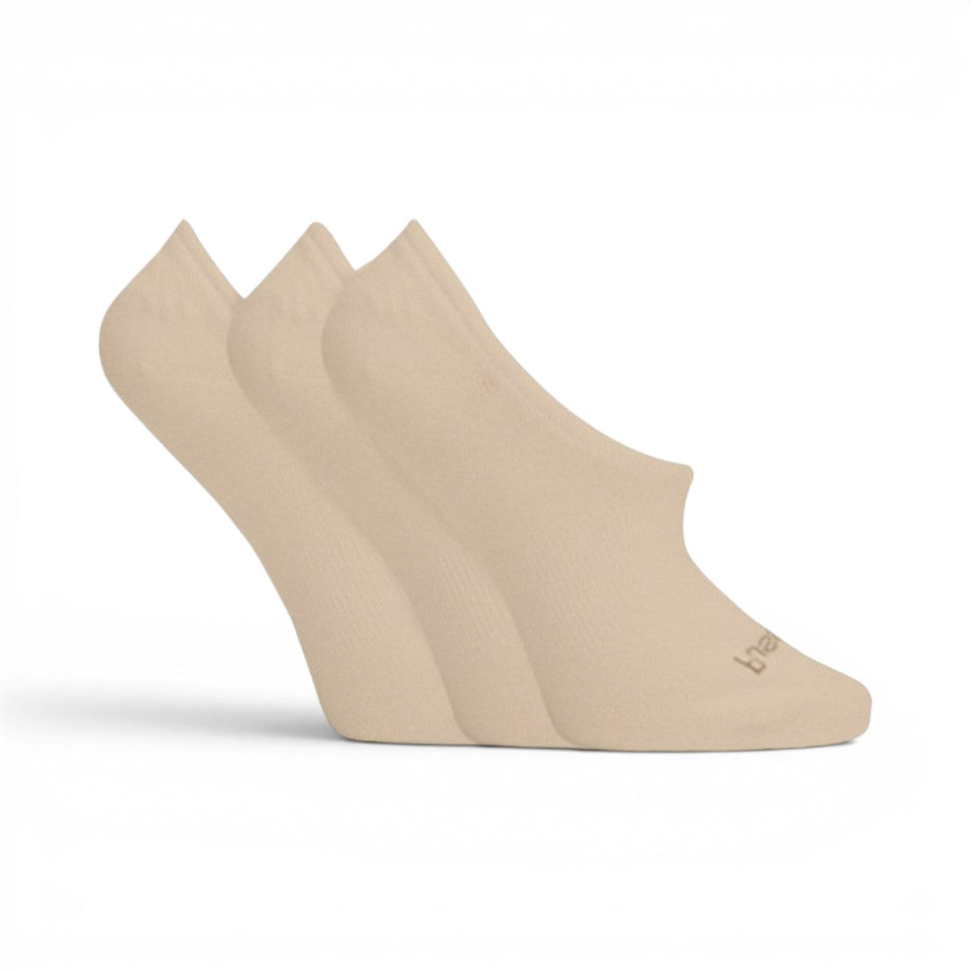 The Happy Shoe Shop Pussyfoot Footlet Socks 3 Pack in beige bamboo blend with gel heel grip and arch support.