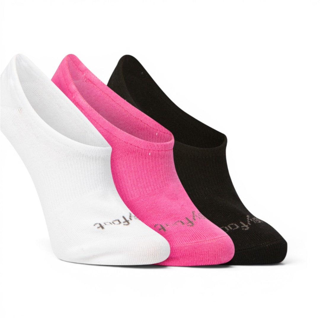 The Happy Shoe Shop Pussyfoot 3 pack of low-cut footlet socks in white, pink, and black. Bamboo blend with arch support and gel heel grip.