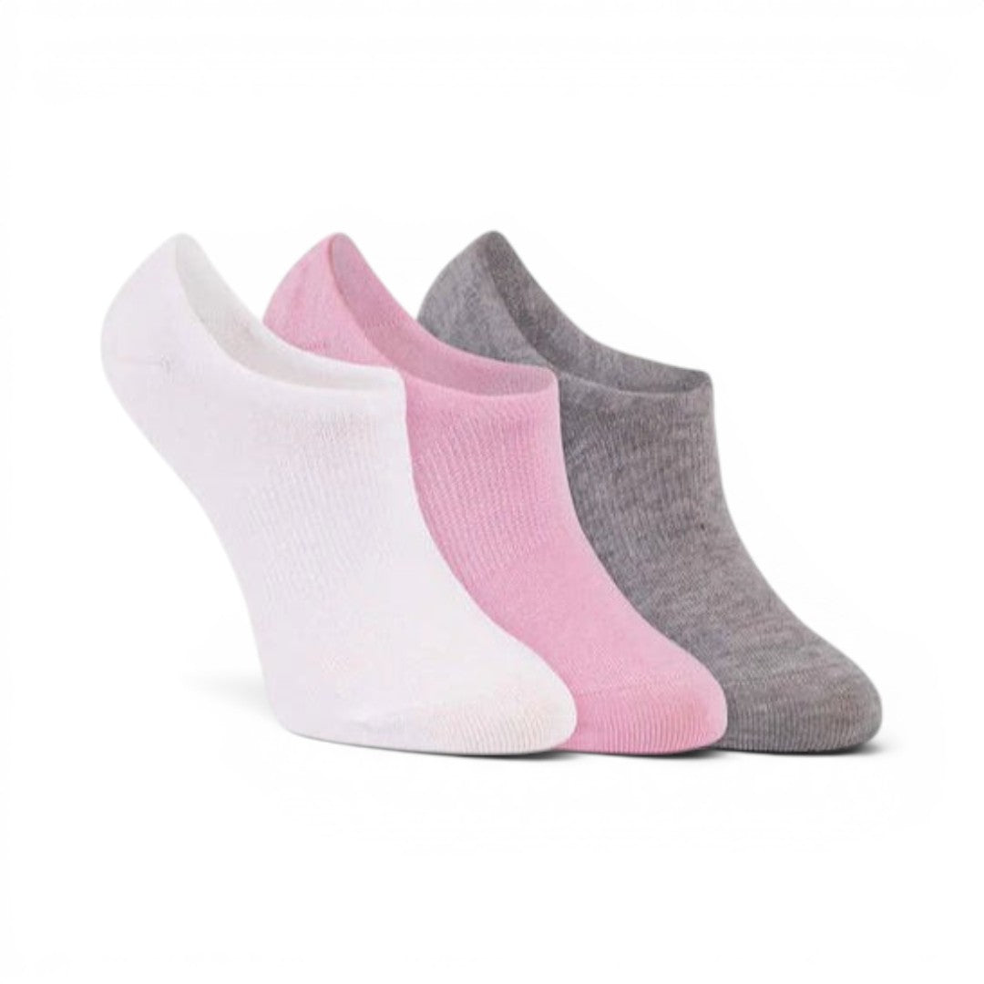 The Happy Shoe Shop Pussyfoot Footlet Socks 3 Pack in white, pink, and grey. Bamboo blend, low-cut.