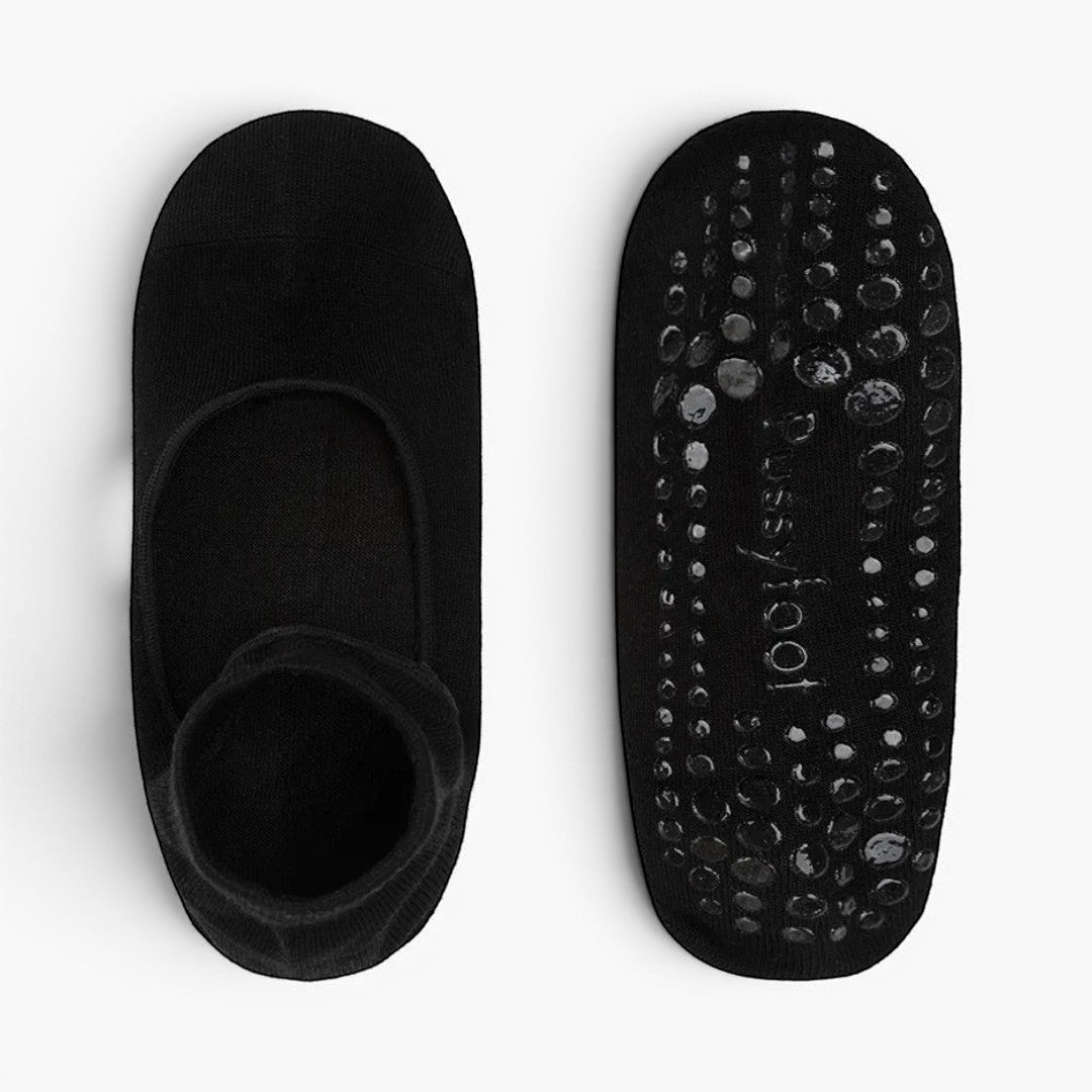 The Happy Shoe Shop Pussyfoot black bamboo cotton grip socks for Pilates, yoga, and barre. Features non-slip silicone grips.