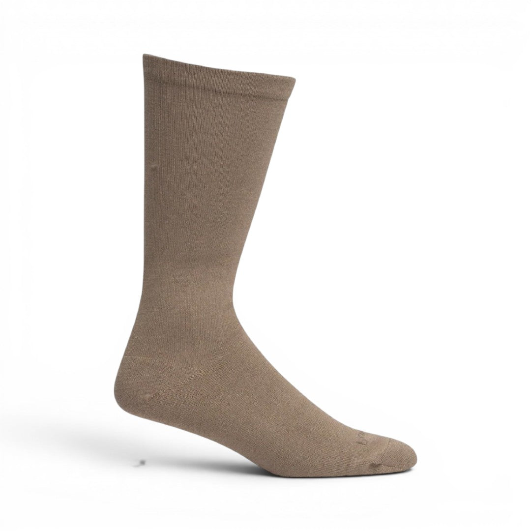 The Happy Shoe Shop Pussyfoot Non-Tight Health Socks in taupe, made from bamboo, cotton, and spandex with a loose cuff and reinforced toe.