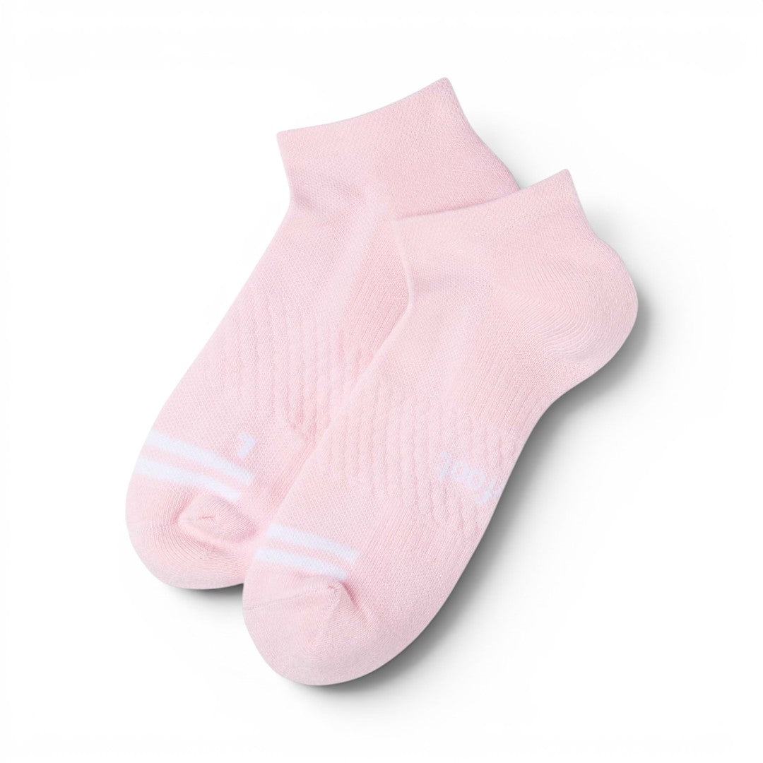The Happy Shoe Shop Pussyfoot 3pk pink bamboo sport cushion ankle socks with white stripes and honeycomb arch support.