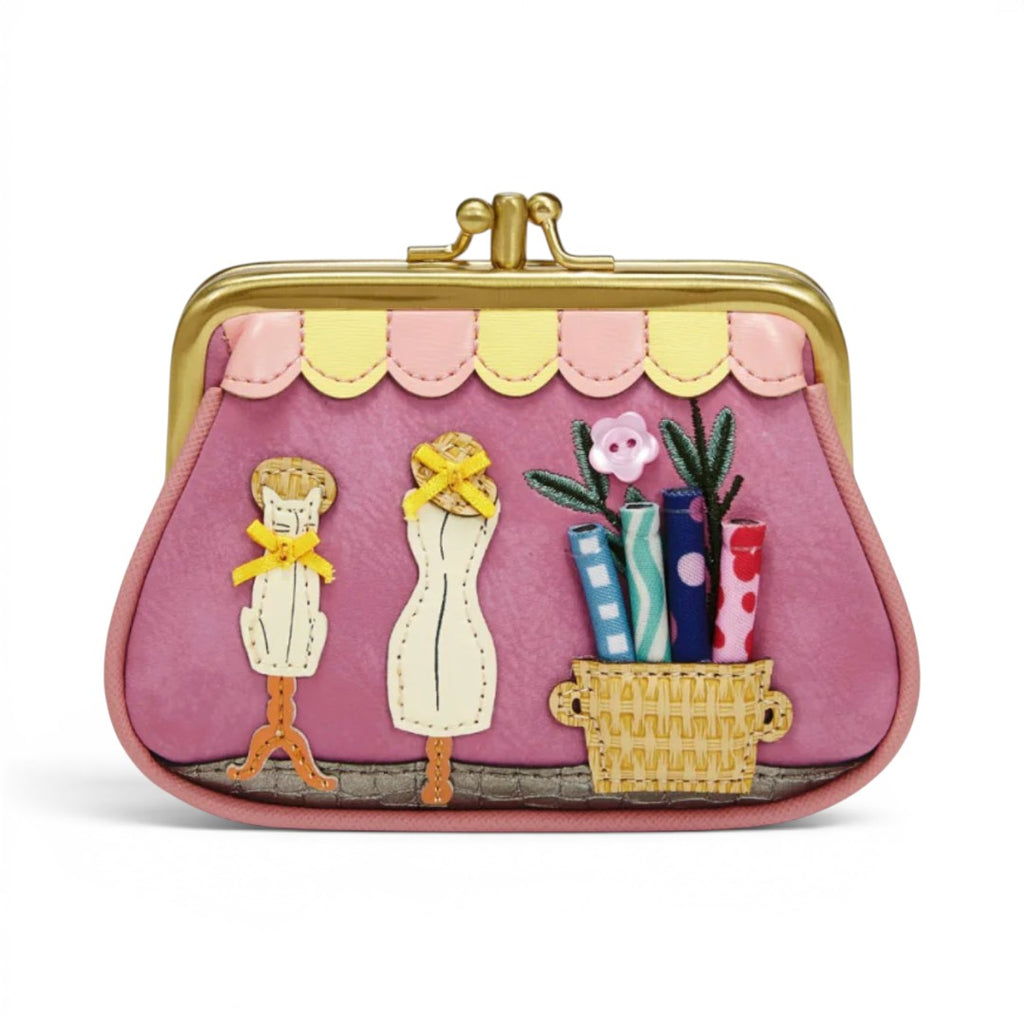 The Happy Shoe Shop Vendula London raspberry vegan leather coin purse with sewing shop applique and gold clasp