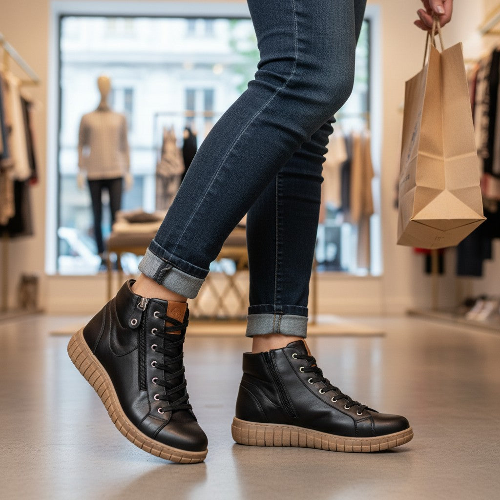 The Happy Shoe Shop black leather Reagan high top sneaker with side zip and laces, tan sole.