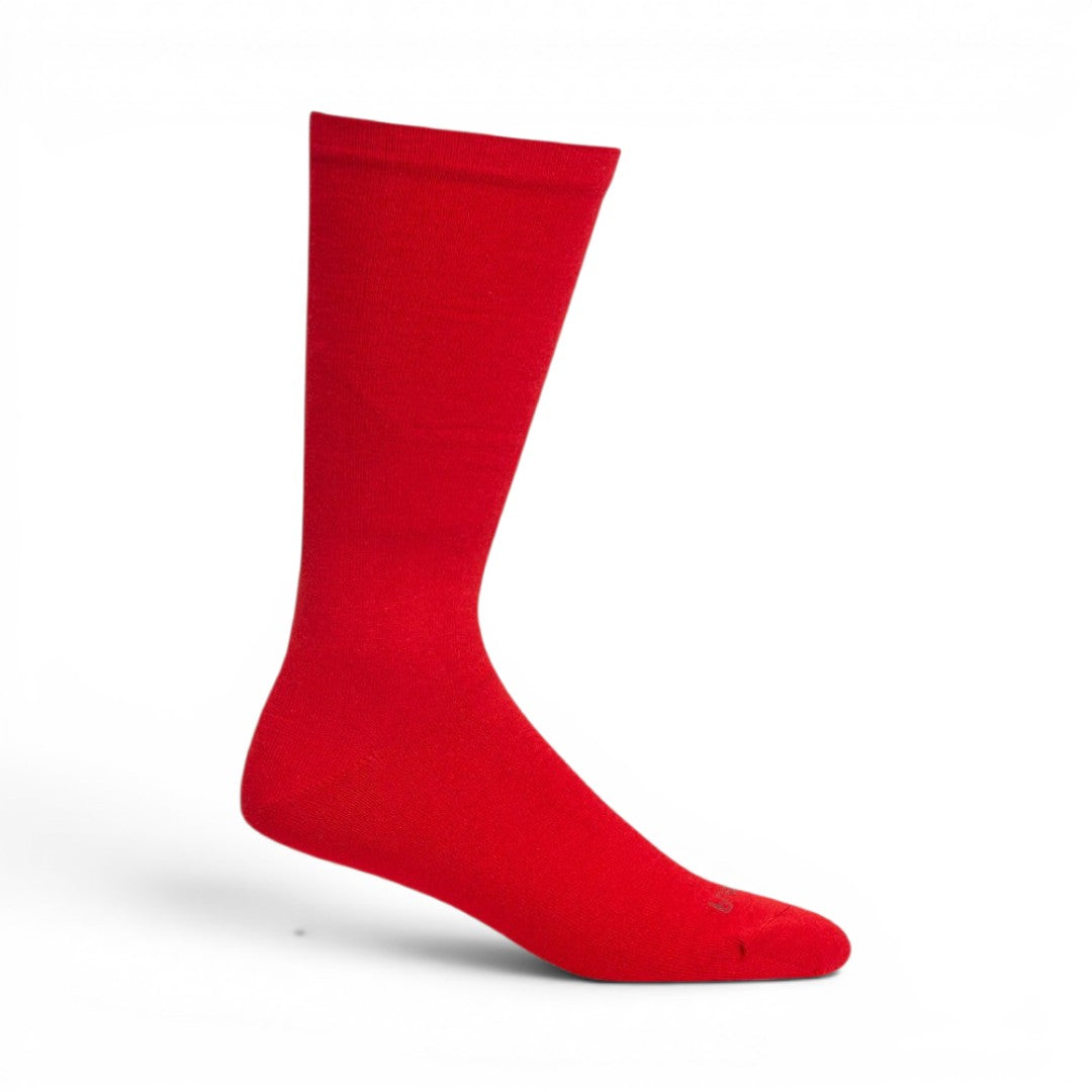The Happy Shoe Shop Pussyfoot Non-Tight Health Socks in red, made from bamboo, cotton, and spandex blend with a loose cuff.