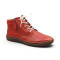 The Happy Shoe Shop CBD Clarry red leather high-top sneaker with white laces and side zip closure.