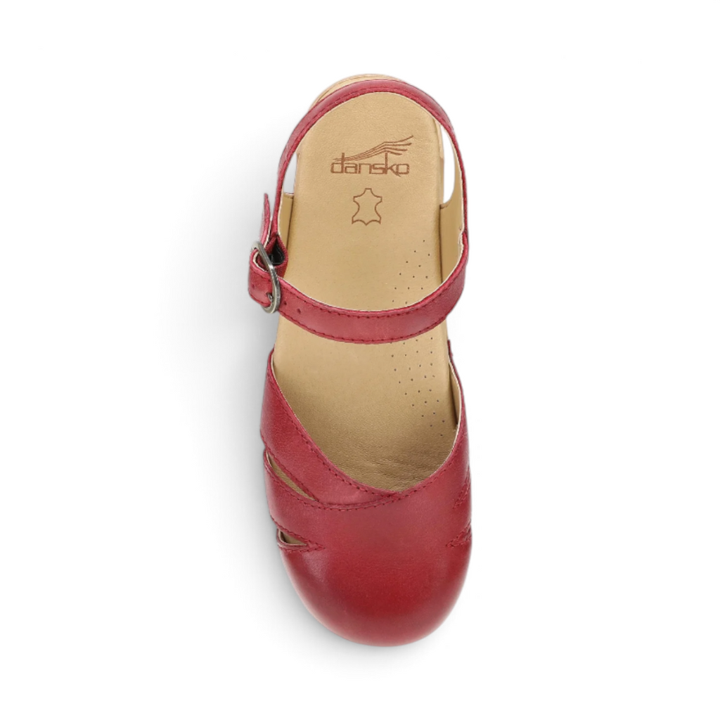 The Happy Shoe Shop red leather Dansko Margreta Mary Jane clog with cutout details and adjustable buckle strap