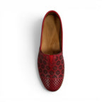 The Happy Shoe Shop Cabello Kylie red leather slip-on shoe with floral laser-cut perforations and elastic gussets.