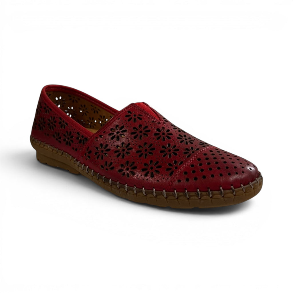 The Happy Shoe Shop Cabello Kylie red leather slip-on shoe with floral laser-cut perforations and rubber sole