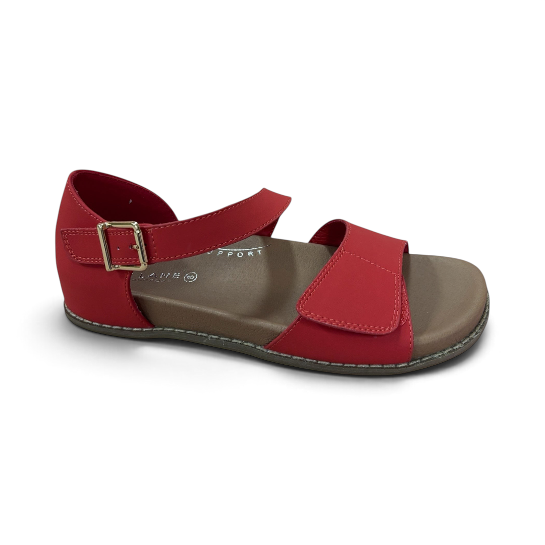 The Happy Shoe Shop Bay Lane Moonta red sandals with adjustable Velcro straps and cushioned arch support footbed.