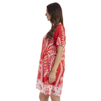 The Happy Shoe Shop Orientique Escape Dress in red with white paisley print, featuring short sleeves and pleat back.