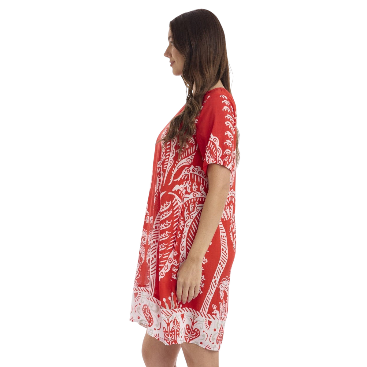 The Happy Shoe Shop Orientique Escape Dress in red with white paisley print, featuring short sleeves and pleat back.
