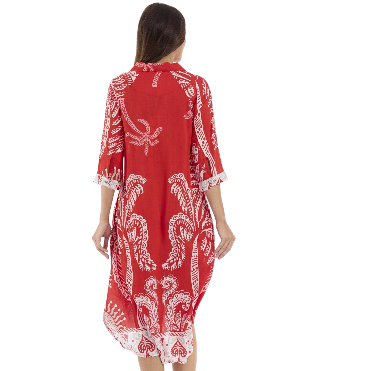 The Happy Shoe Shop Orientique Escape red midi dress with white tropical print, three-quarter sleeves, and back view.