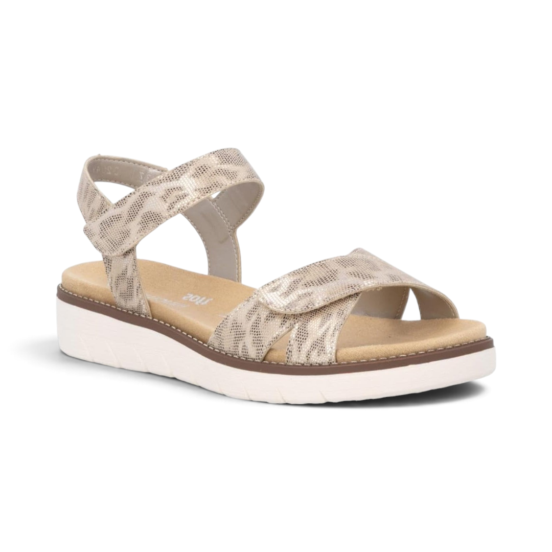 The Happy Shoe Shop Remonte D2049 beige animal print sandals with adjustable straps and cushioned white sole