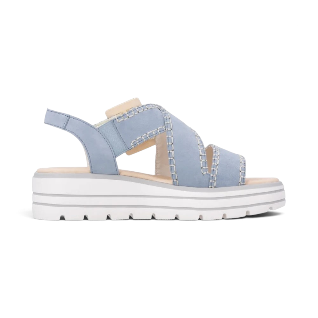 The Happy Shoe Shop Remonte D3N51 light blue suede wedge sandals with contrast stitching and adjustable straps