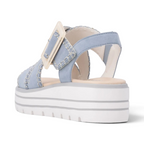 The Happy Shoe Shop Remonte D3N51 light blue suede wedge sandals with decorative buckle and white platform sole
