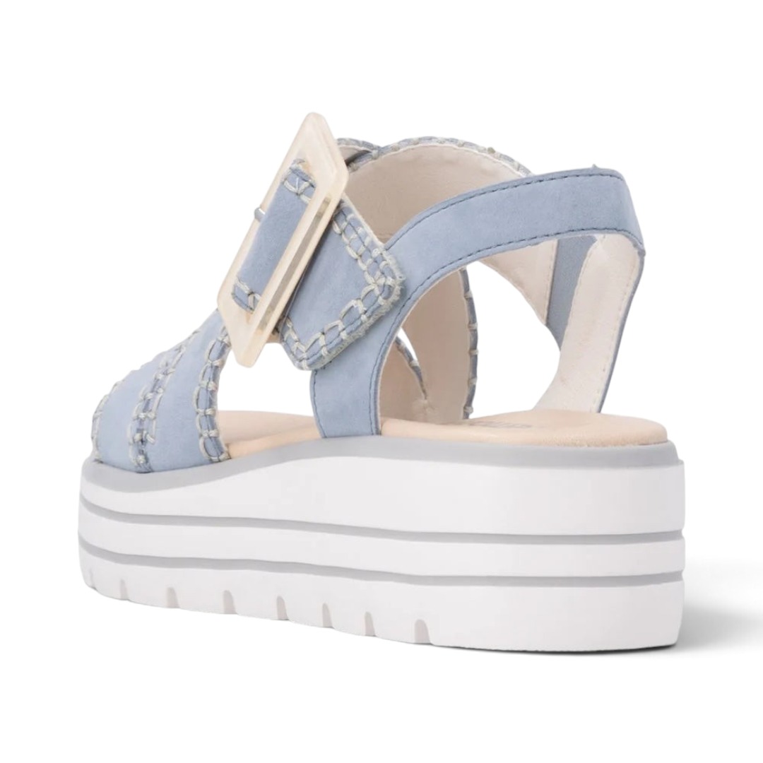 The Happy Shoe Shop Remonte D3N51 light blue suede wedge sandals with decorative buckle and white platform sole