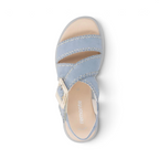 The Happy Shoe Shop Remonte D3N51 light blue suede wedge sandal with decorative buckle and contrast stitching