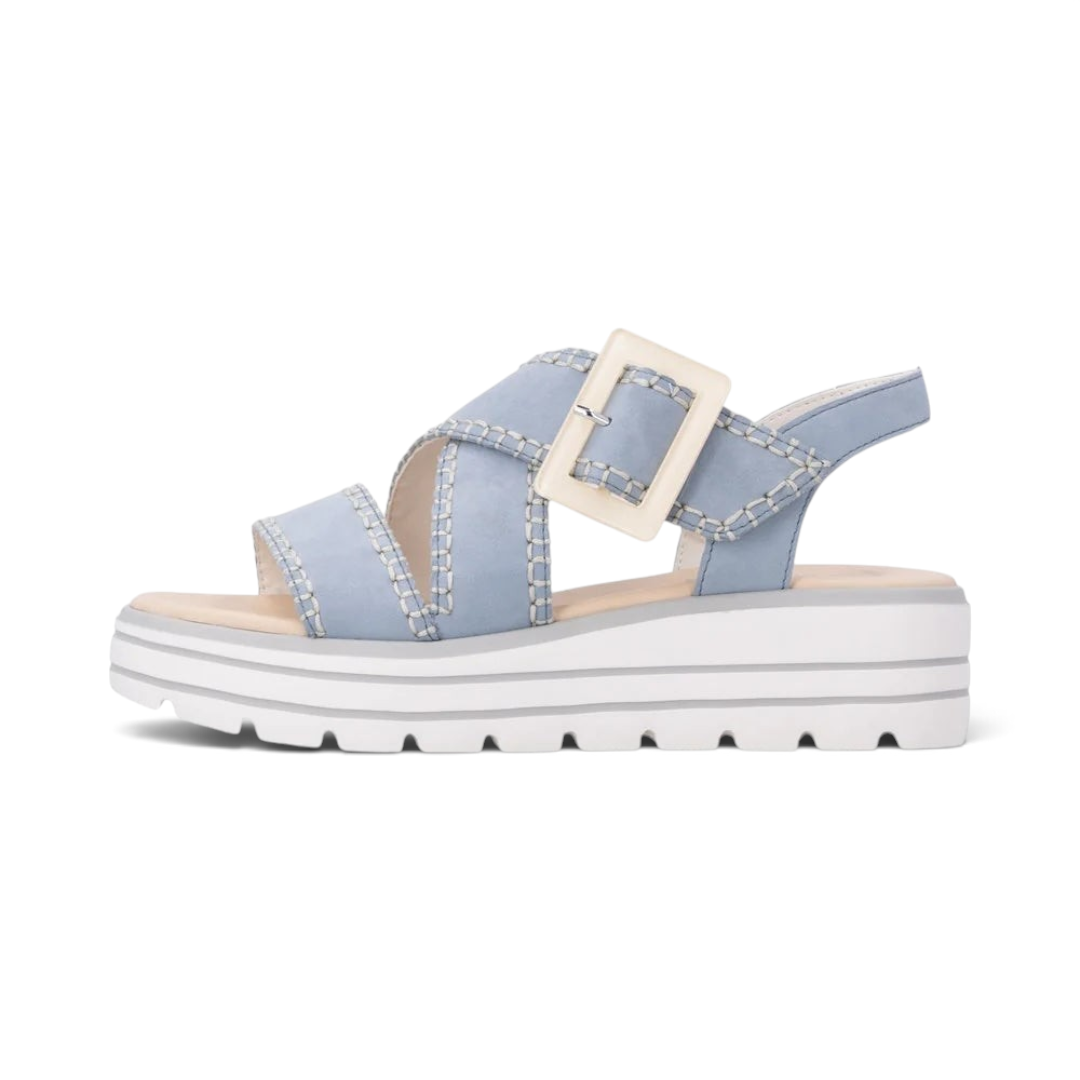 The Happy Shoe Shop Remonte D3N51 light blue suede wedge sandals with decorative buckle and white platform sole