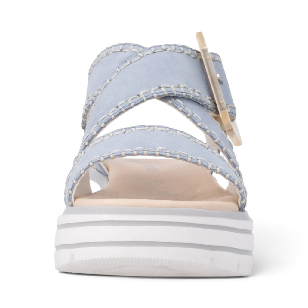 The Happy Shoe Shop Remonte D3N51 light blue suede wedge sandals with decorative buckle and white platform sole.