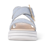 The Happy Shoe Shop Remonte D3N51 light blue suede wedge sandals with decorative buckle and white platform sole.