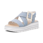 The Happy Shoe Shop Remonte D3N51 light blue suede wedge sandals with decorative buckle and white platform sole.