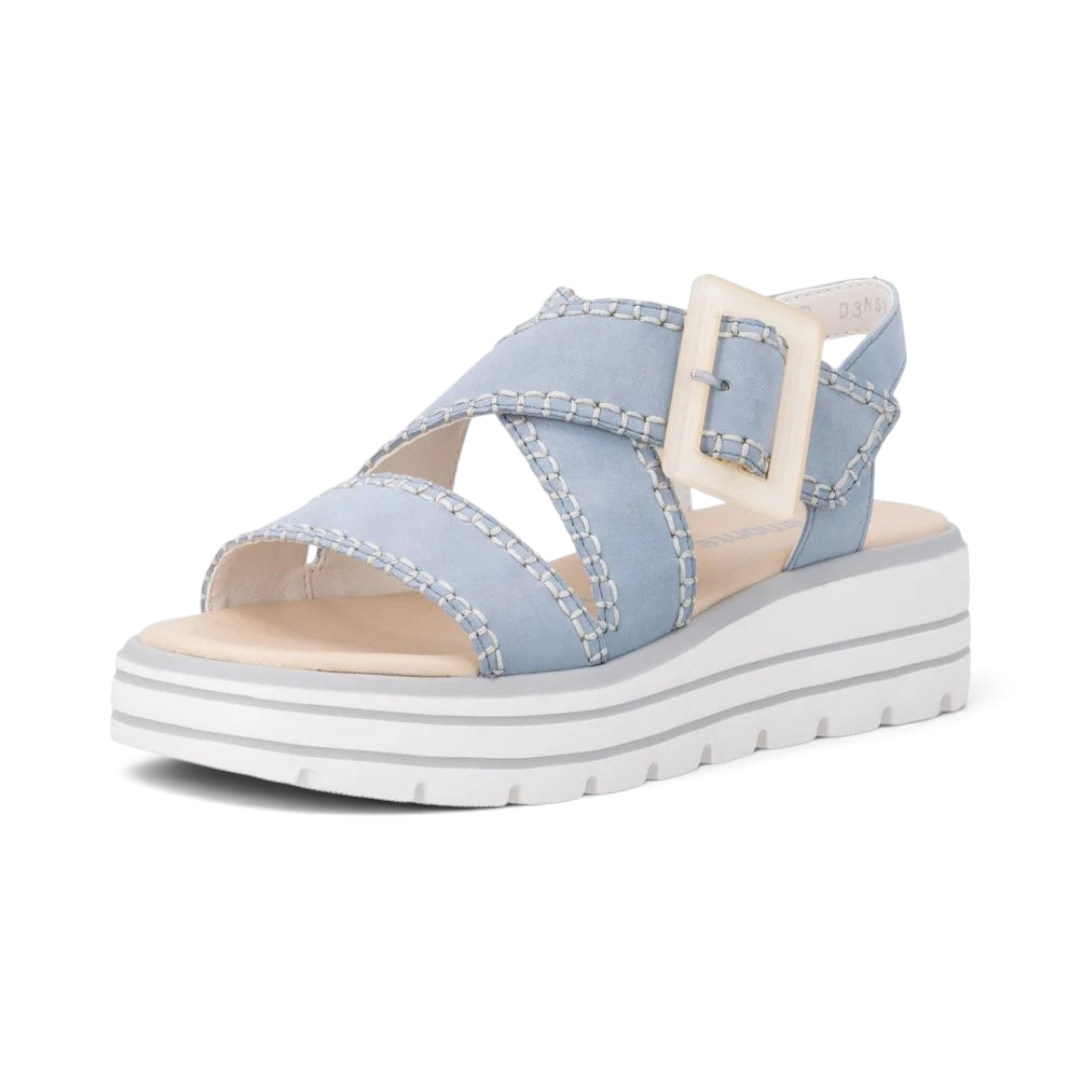The Happy Shoe Shop Remonte D3N51 light blue suede wedge sandals with decorative buckle and white platform sole.