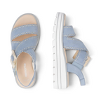 The Happy Shoe Shop Remonte D3N51 light blue suede wedge sandals with white platform soles and buckle detail.