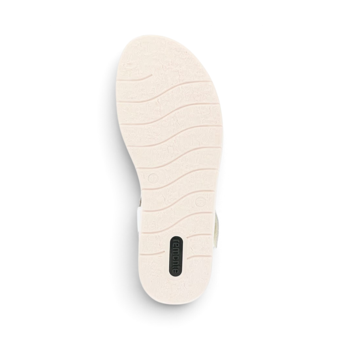 The Happy Shoe Shop Remonte D2049 sandal showing the lightweight, textured off-white sole with brand logo branding.