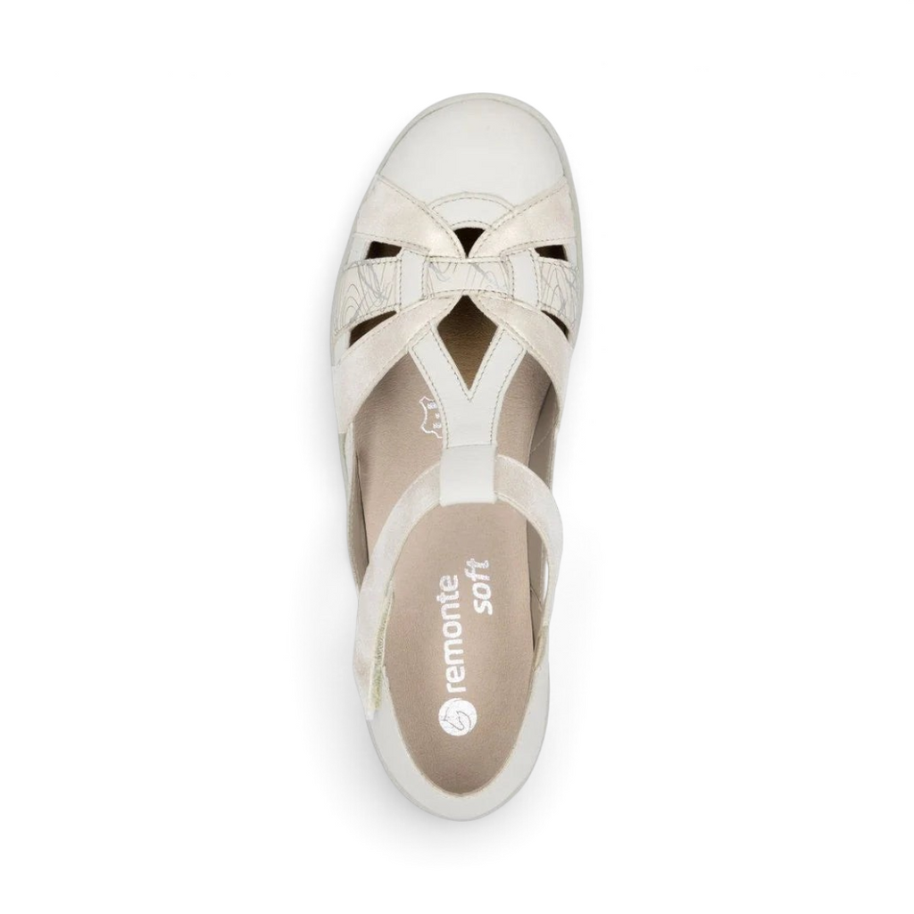 The Happy Shoe Shop Remonte R7601-81 white closed-toe T-bar sandal with decorative cut-outs and velcro strap.