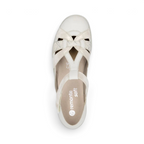 The Happy Shoe Shop Remonte R7601-81 white closed-toe T-bar sandal with decorative cut-outs and velcro strap.