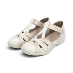 The Happy Shoe Shop Remonte R7601-81 white and gold closed-toe T-bar sandals with decorative cut-outs and velcro strap.