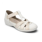The Happy Shoe Shop Remonte R7601-81 white and gold closed-toe T-bar sandal with decorative cut-outs and velcro strap.