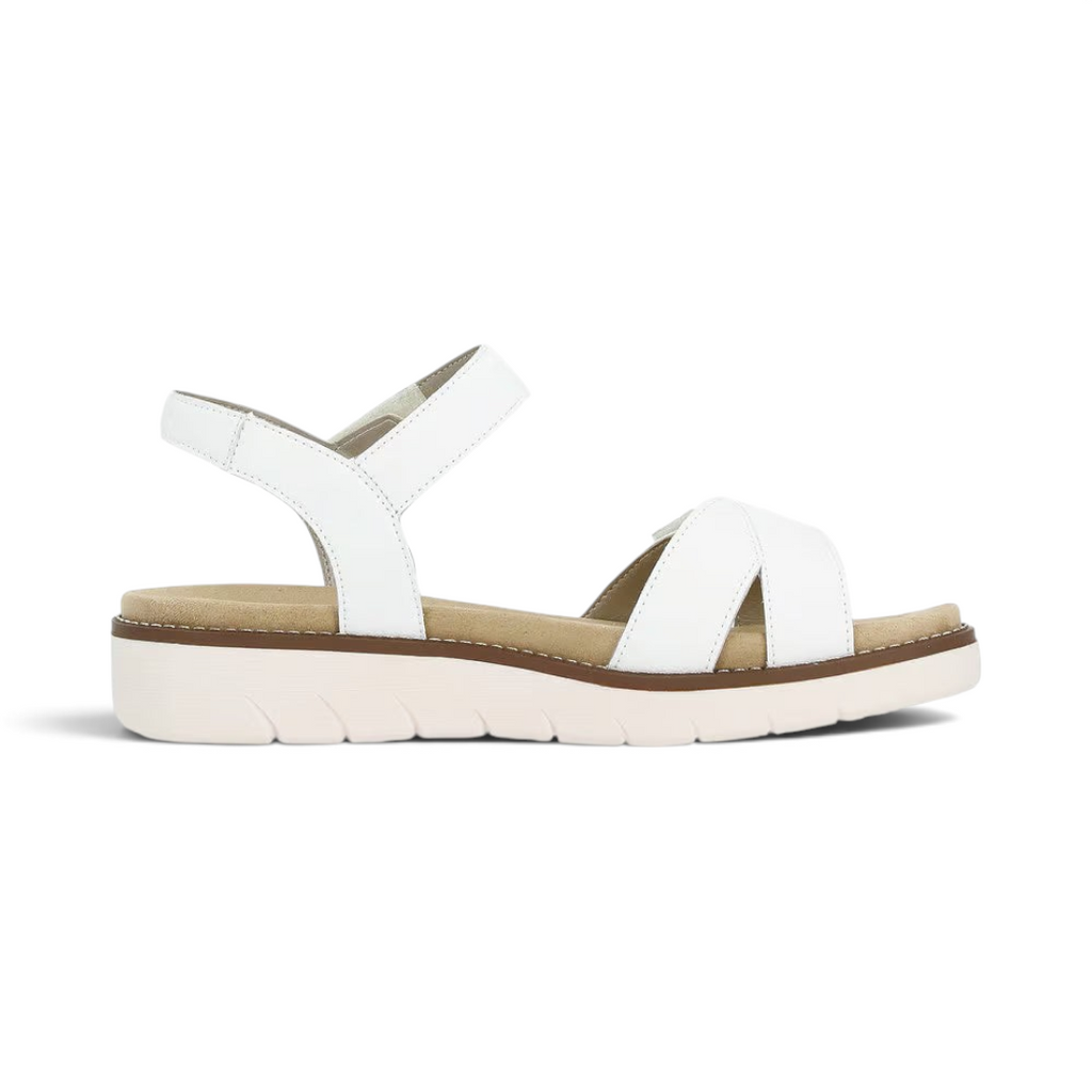 The Happy Shoe Shop Remonte D2049 white leather sandals with adjustable straps and a cushioned, supportive sole.
