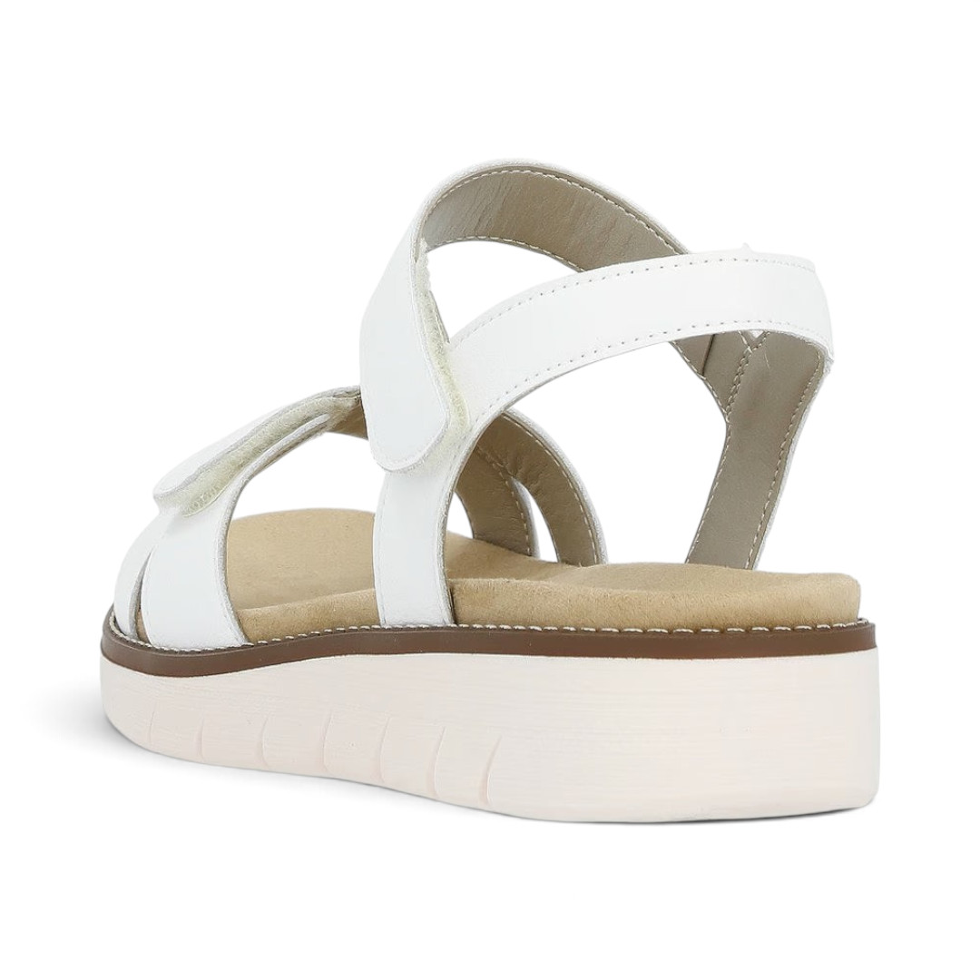 The Happy Shoe Shop Remonte D2049 white leather sandals with adjustable straps and a cushioned platform sole