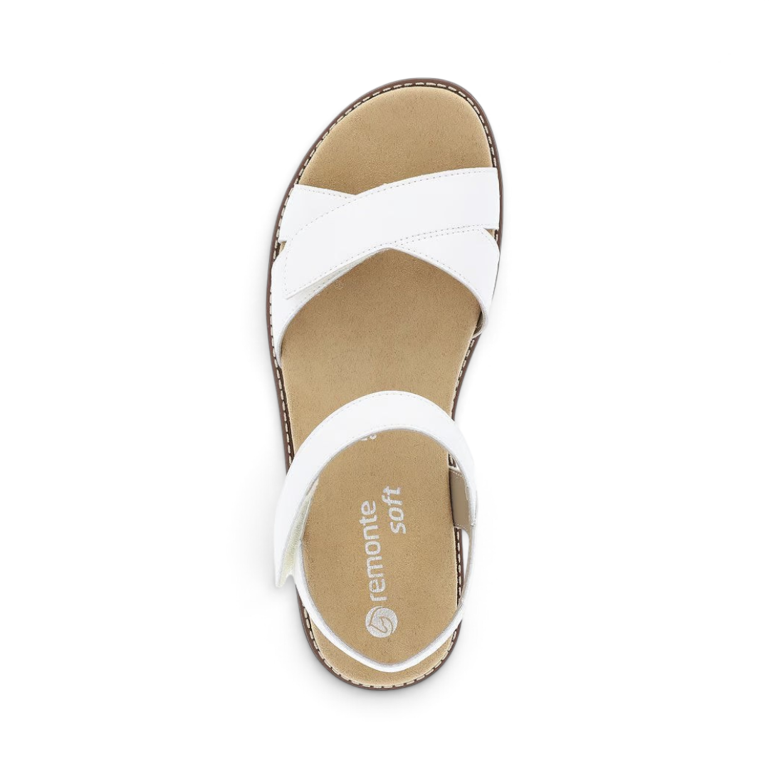 The Happy Shoe Shop Remonte D2049 white leather sandals with adjustable straps and cushioned insole top view