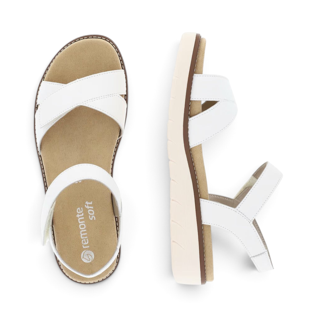 The Happy Shoe Shop Remonte D2049 white leather sandals with adjustable straps and cushioned ergonomic insoles.