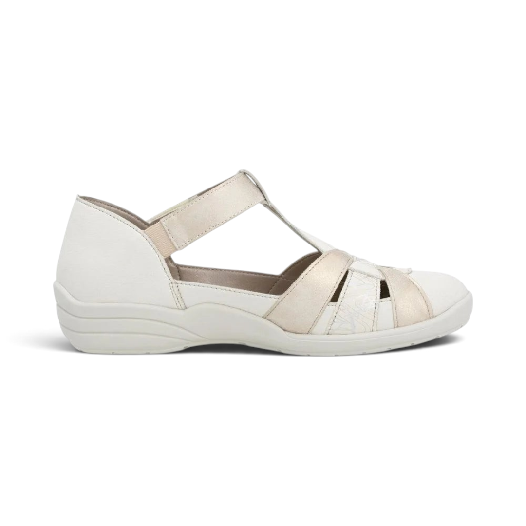 The Happy Shoe Shop Remonte R7601-81 white and metallic T-bar closed-toe sandal with adjustable velcro strap