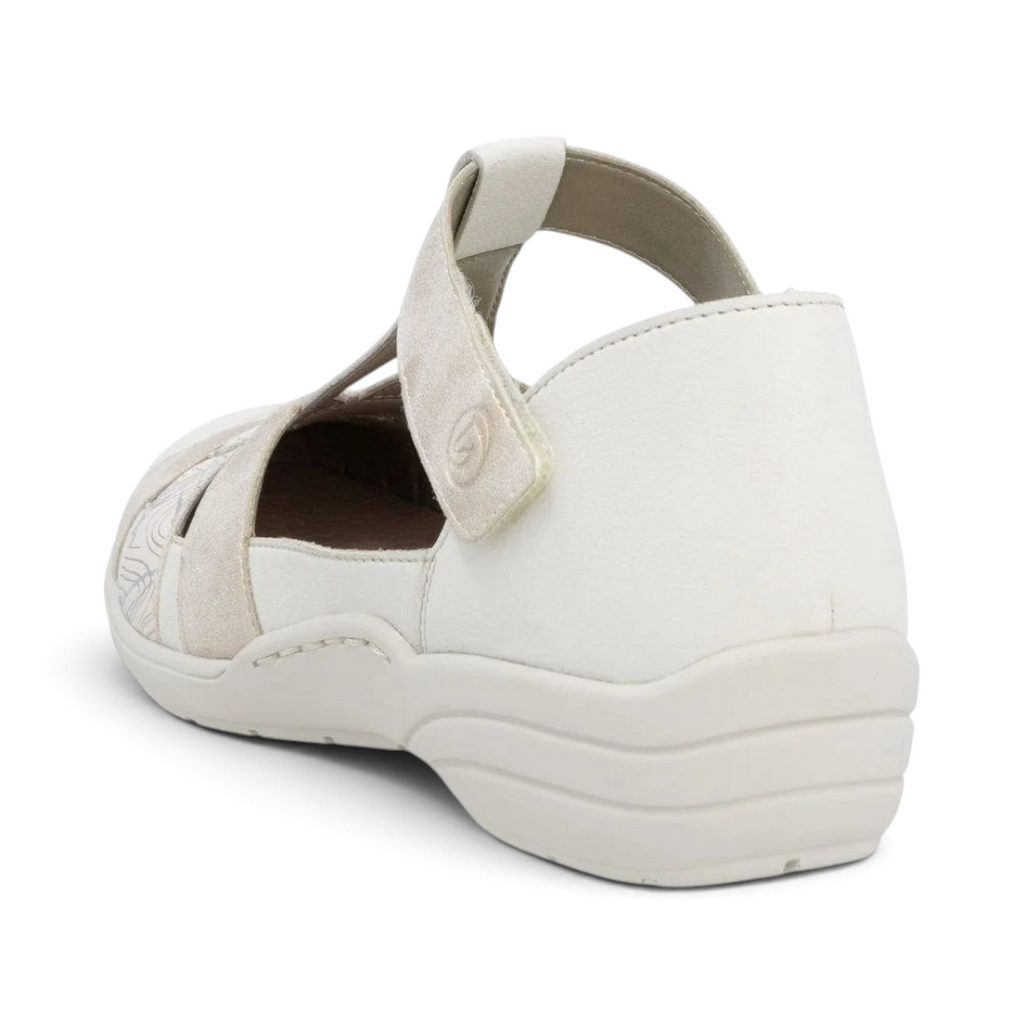 The Happy Shoe Shop Remonte R7601-81 white closed-toe T-bar sandal with adjustable velcro strap and orthotic insole.