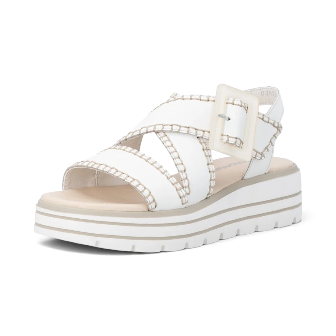 The Happy Shoe Shop Remonte D3N51 white suede wedge sandals with decorative buckle and contrast stitching
