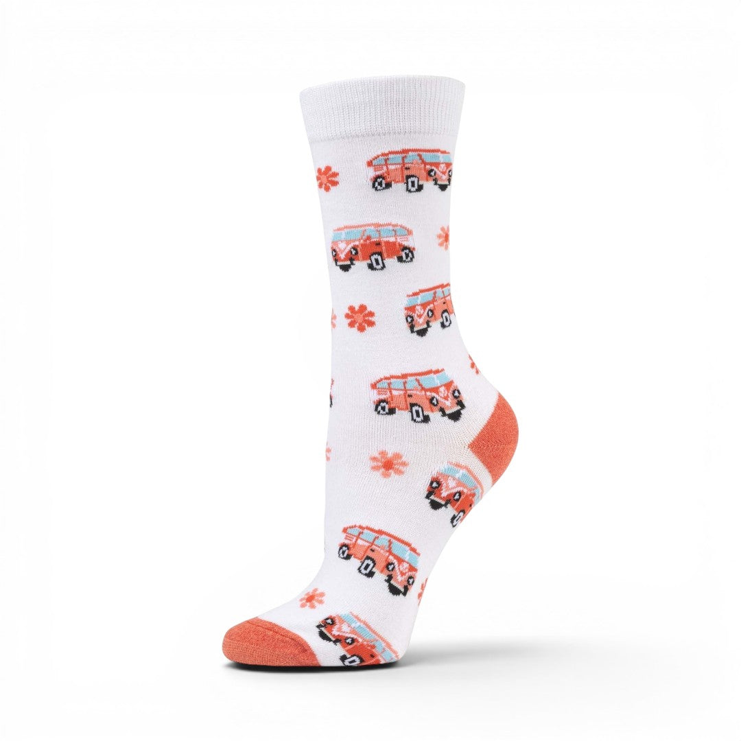 The Happy Shoe Shop Retro Baby Bamboo Socks in white with a retro combi van and flower pattern. Made from bamboo blend.