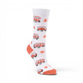 The Happy Shoe Shop Retro Baby Bamboo Socks in white with a retro combi van and flower pattern. Orange heel and toe.
