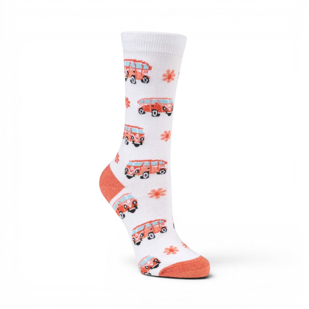 The Happy Shoe Shop Retro Baby Bamboo Socks in white with a retro combi van and flower pattern. Orange heel and toe.