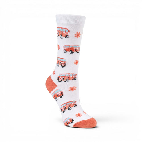 The Happy Shoe Shop Retro Baby Bamboo Socks in white with a retro combi van and flower pattern. Orange heel and toe.