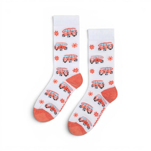 The Happy Shoe Shop White bamboo blend socks with retro orange combi van and flower pattern. Ribbed cuff and toe.