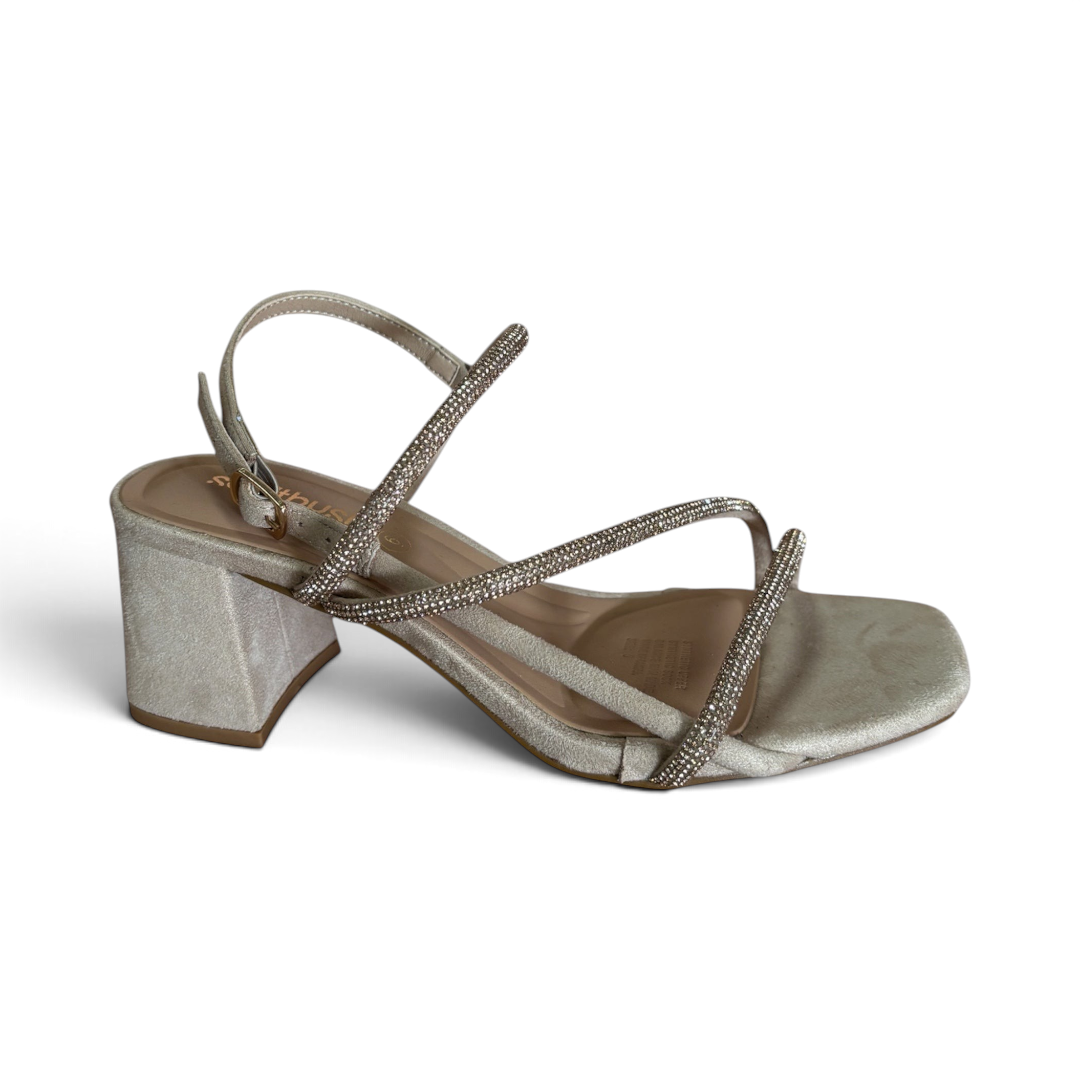 The Happy Shoe Shop Soultbush Hoopla silver block heel sandals with sparkling rhinestone straps and ankle buckle