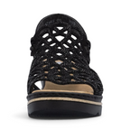 The Happy Shoe Shop Rieker black wedge sandal with intricate cut-out textile upper and cushioned insole