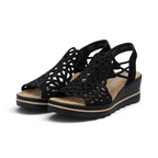 The Happy Shoe Shop Rieker black wedge sandals with intricate cut-out textile upper and cushioned insole