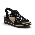The Happy Shoe Shop Rieker black wedge sandal with intricate cut-out textile upper and cushioned insole